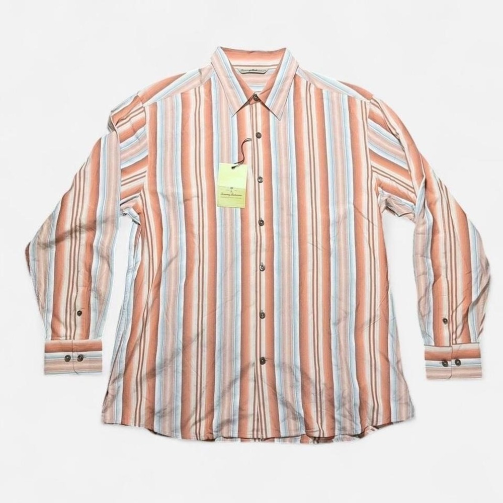 NWT Tommy Bahama Boulevard LS 100% Silk Striped Terr Cotta Button Up Size L - Picture 1 of 6